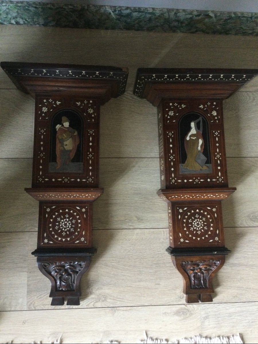 Pair Of Pogliani Marquetry Wall Consoles