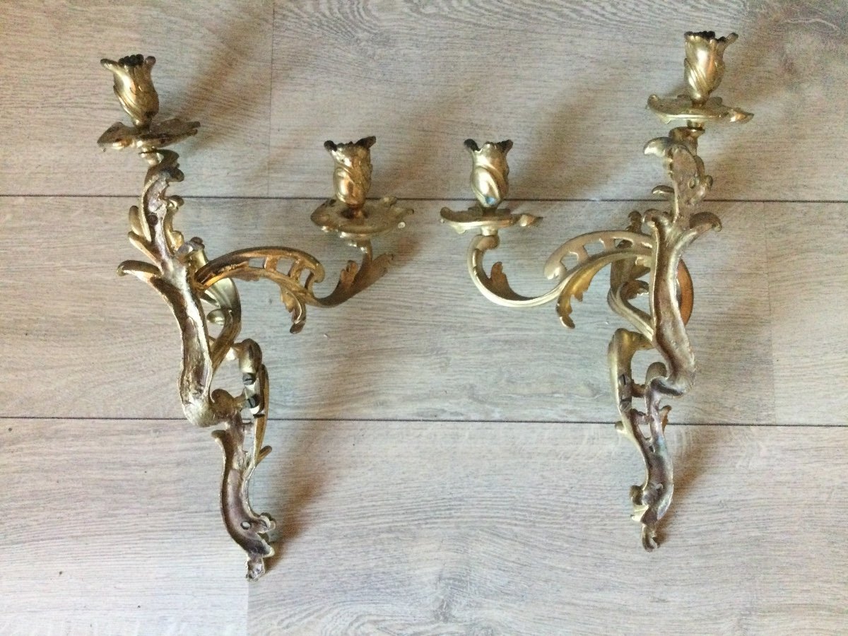 Pair Of Louis XV Period Sconces In Mercury-gilded Bronze-photo-2