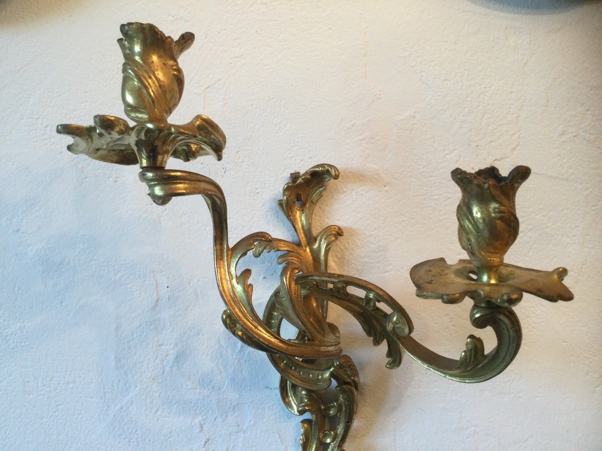 Pair Of Louis XV Period Sconces In Mercury-gilded Bronze-photo-4