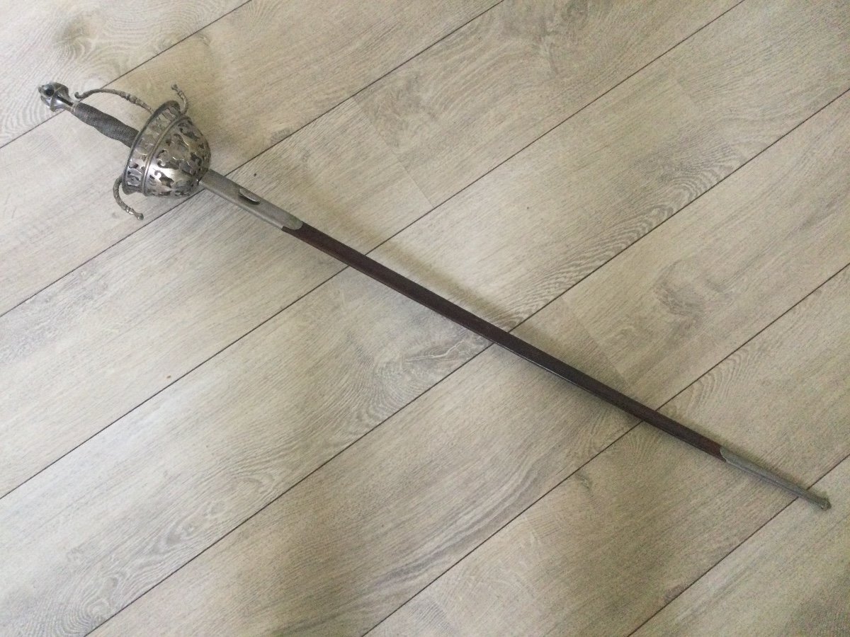 Rapière, épée Garde En Bronze Argenté à Dec Ajouré Poignée Filigranée, Fourreau En Cuir-photo-3