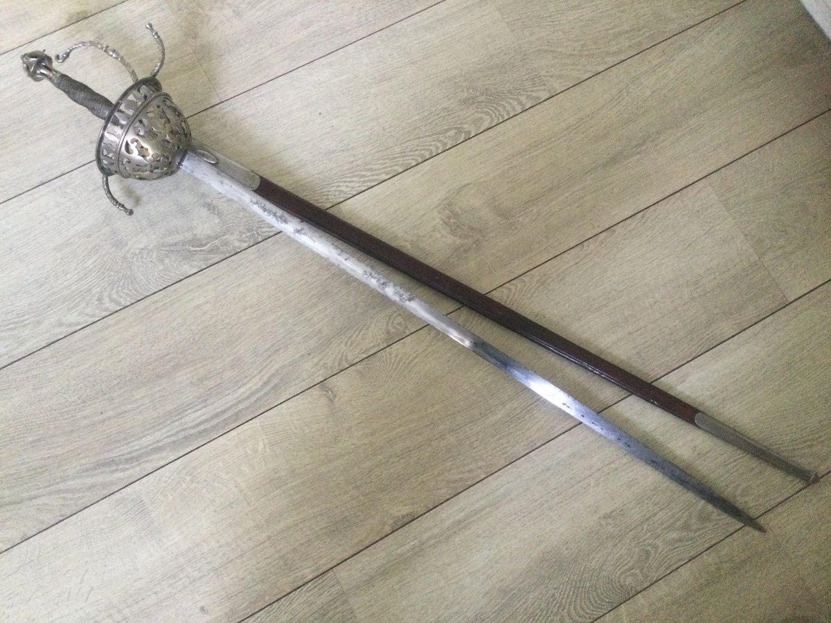 Rapière, épée Garde En Bronze Argenté à Dec Ajouré Poignée Filigranée, Fourreau En Cuir-photo-1