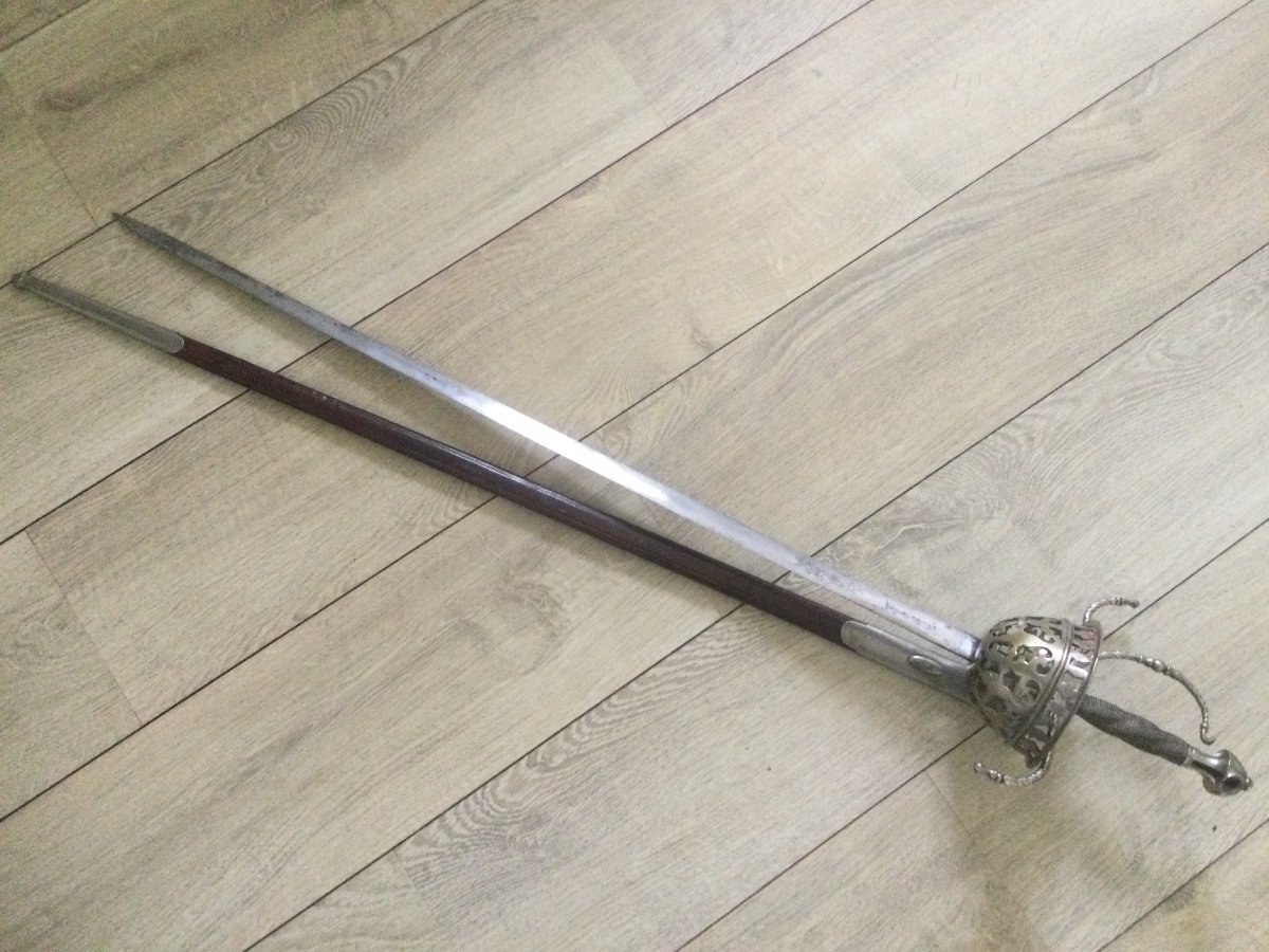 Rapière, épée Garde En Bronze Argenté à Dec Ajouré Poignée Filigranée, Fourreau En Cuir-photo-2