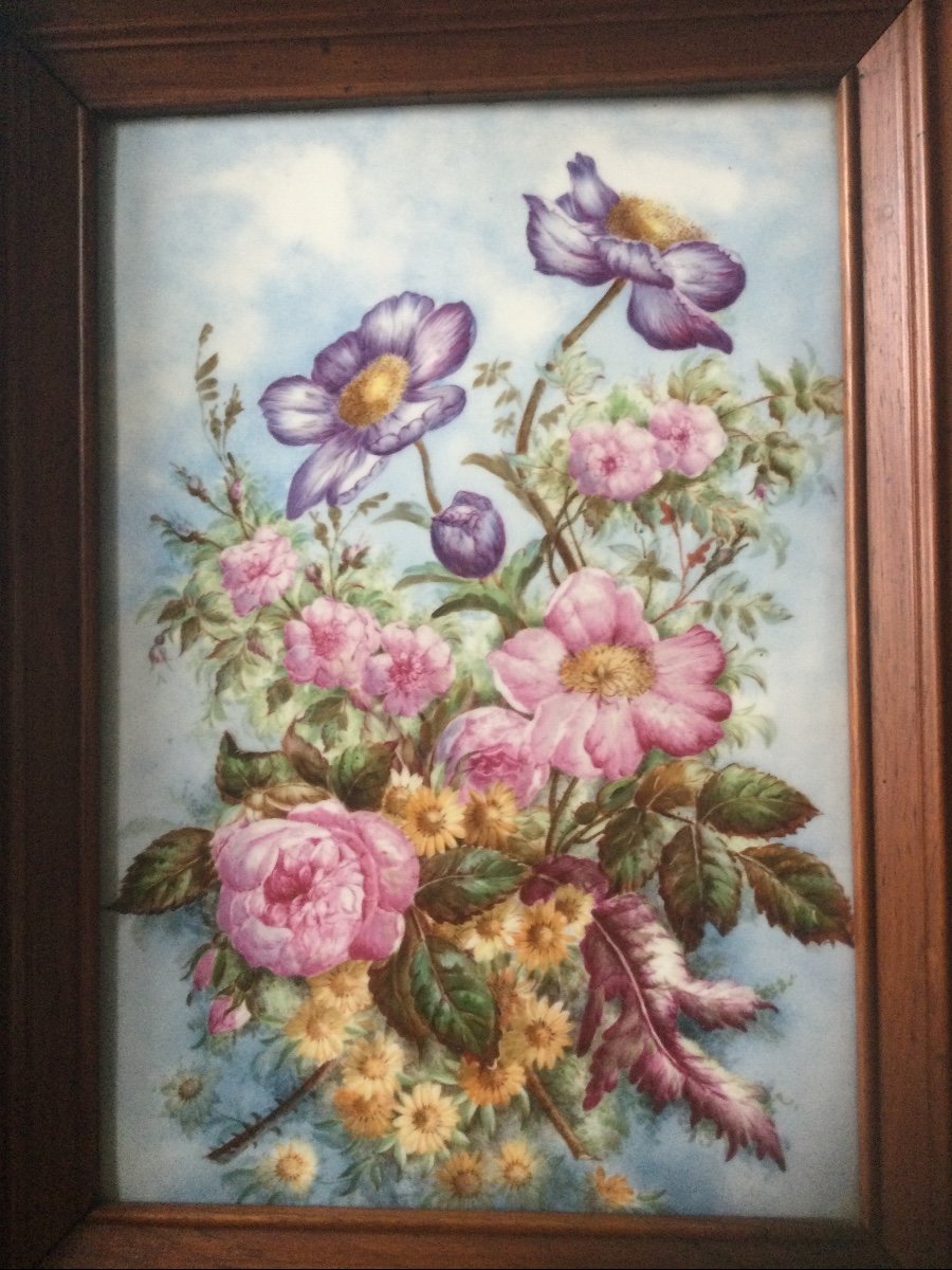 Large Porcelain Painting Bouquet Of Flowers Rosewood Frame -photo-2