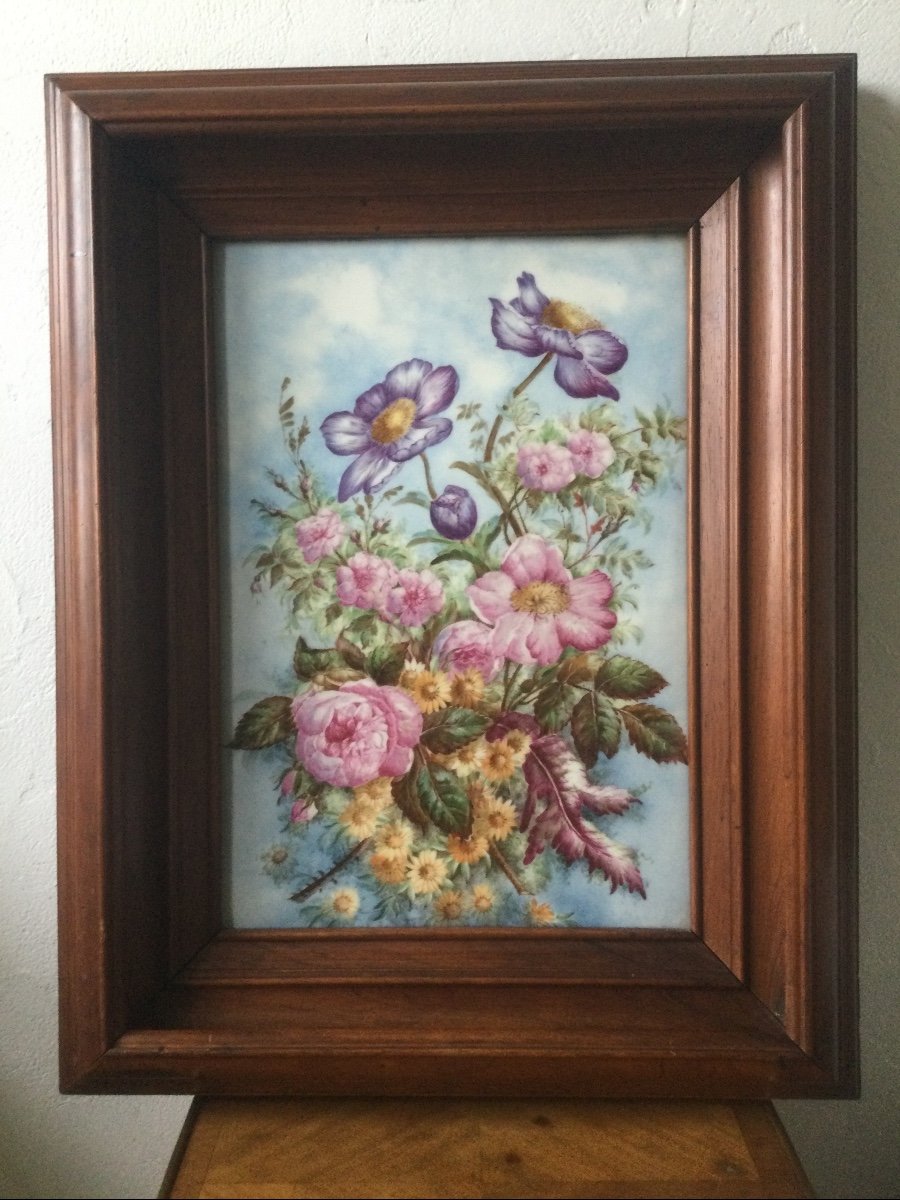 Large Porcelain Painting Bouquet Of Flowers Rosewood Frame 