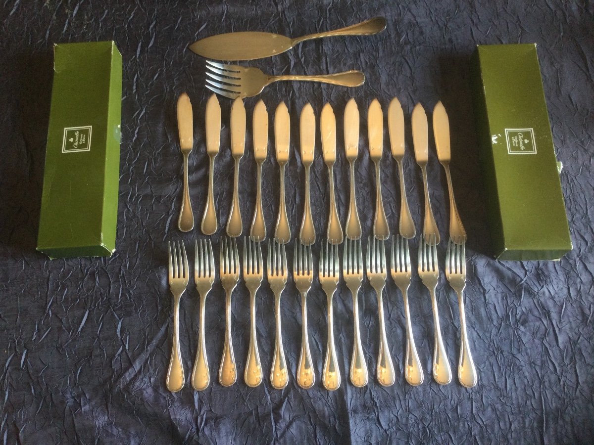 12 Christofle Fish Cutlery And Serving Cutlery Pearl Model