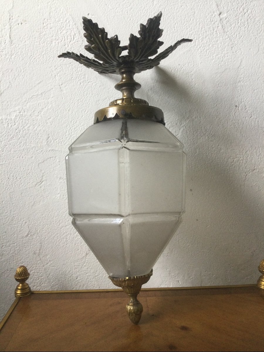 Ceiling Light, Lantern In Bronze And Frosted Glass 