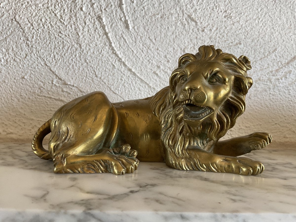 Lion Couple Lioness In Gilt Bronze From The 19th Century-photo-2