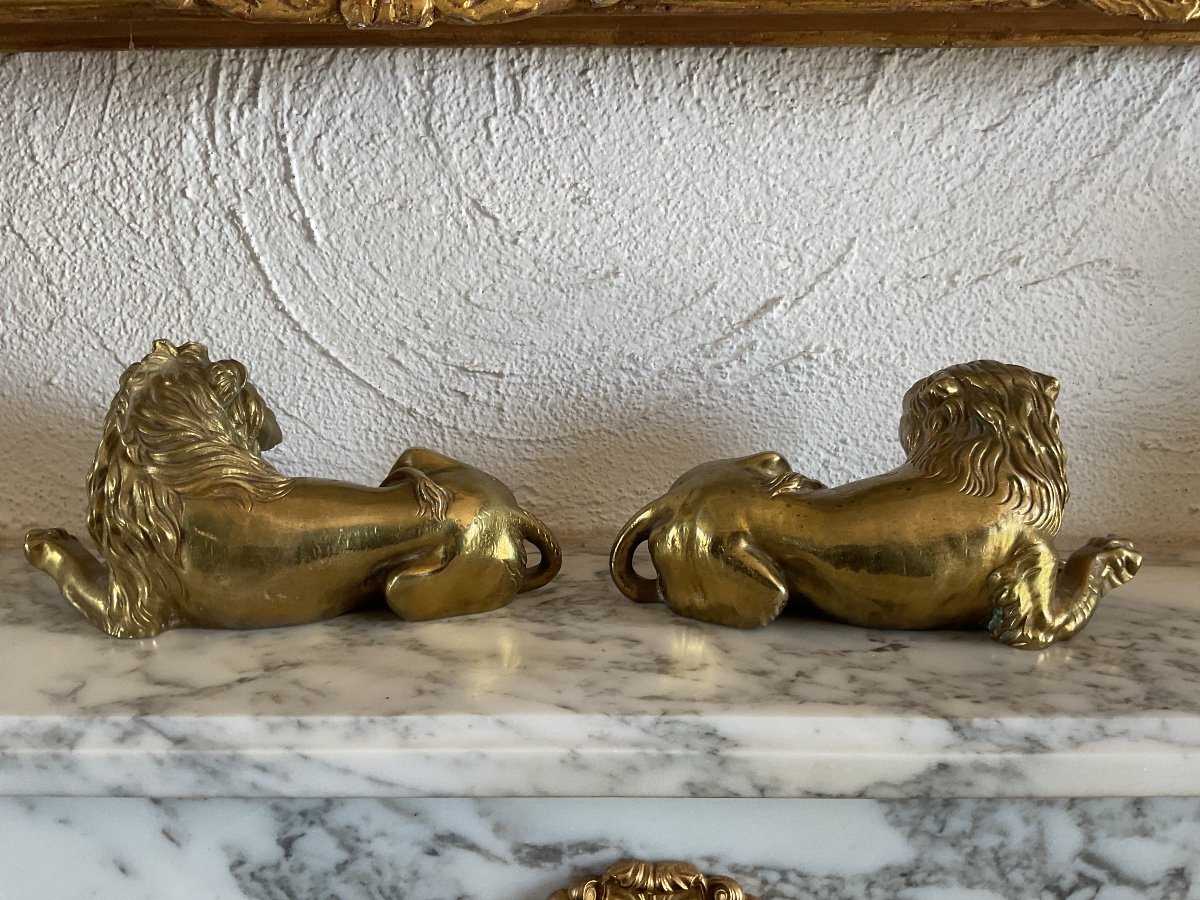 Lion Couple Lioness In Gilt Bronze From The 19th Century-photo-2