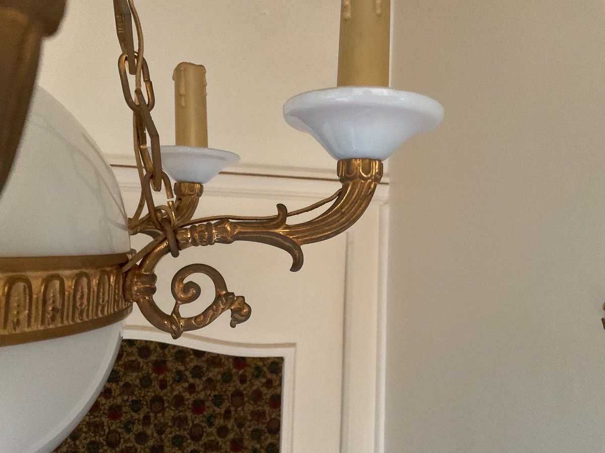 Chandelier In White Opaline And Gilt Bronze -photo-3