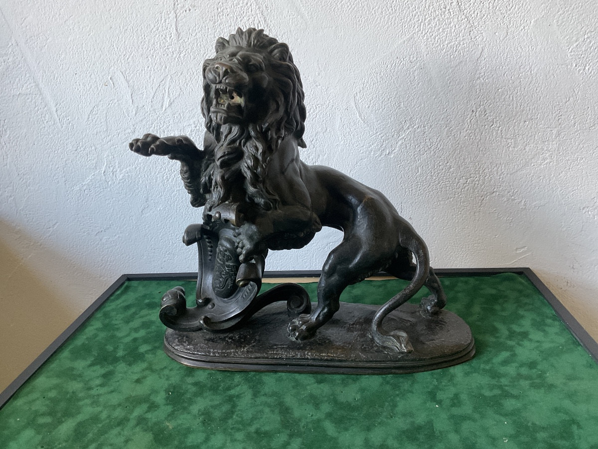 Bronze Of Dion Auguste Louis Lion With The Arms Of Belgium 