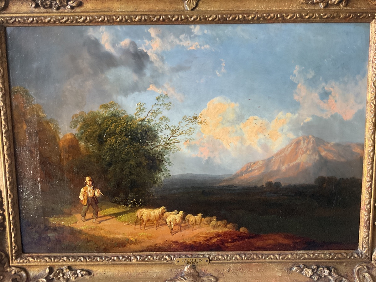 Huile sur J.W. Allen berger et son troupeau -photo-2