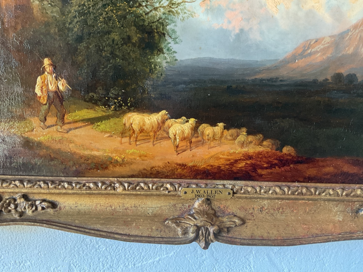 Huile sur J.W. Allen berger et son troupeau -photo-3