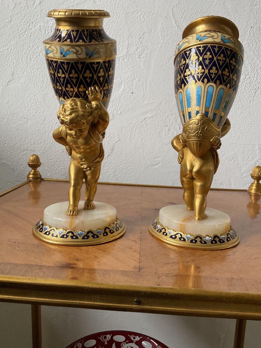 Paire de vases en bronze doré et émaillée Barbedienne-photo-3