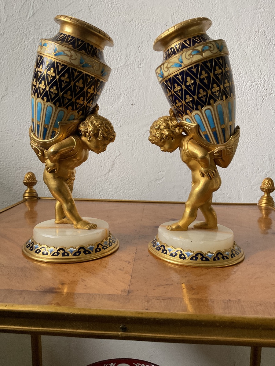 Paire de vases en bronze doré et émaillée Barbedienne-photo-4