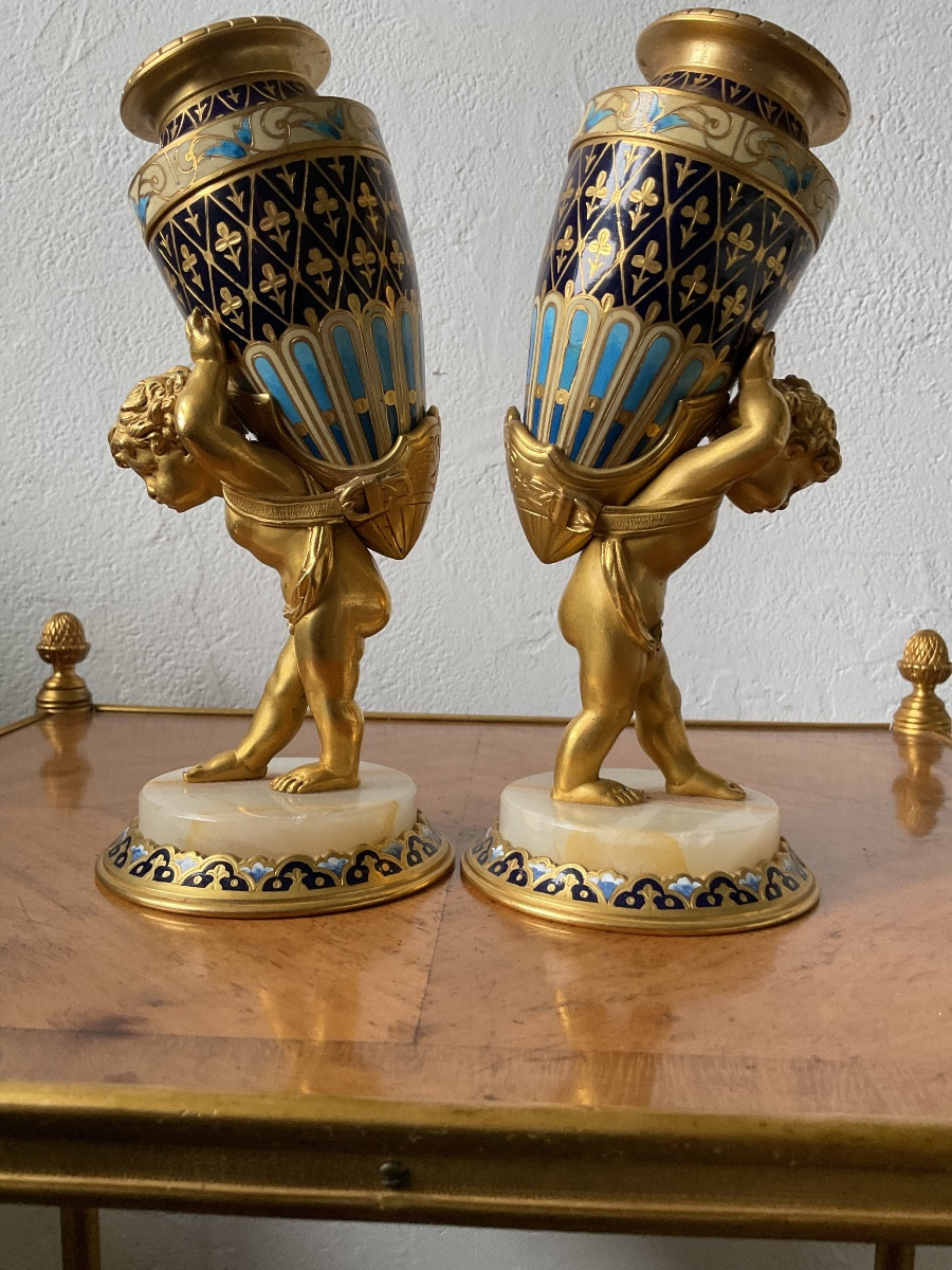 Paire de vases en bronze doré et émaillée Barbedienne-photo-2