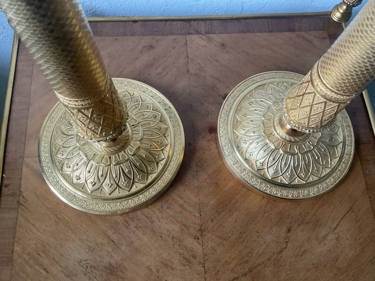 Paire de grand bougeoirs en bronze doré époque empire -photo-2