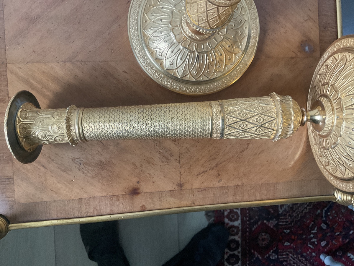 Paire de grand bougeoirs en bronze doré époque empire -photo-3