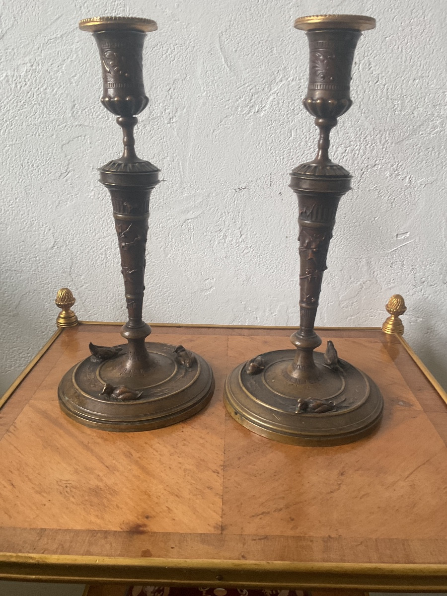 Pair Of Duck-shaped Candlesticks Signed Auguste Nicolas Cain