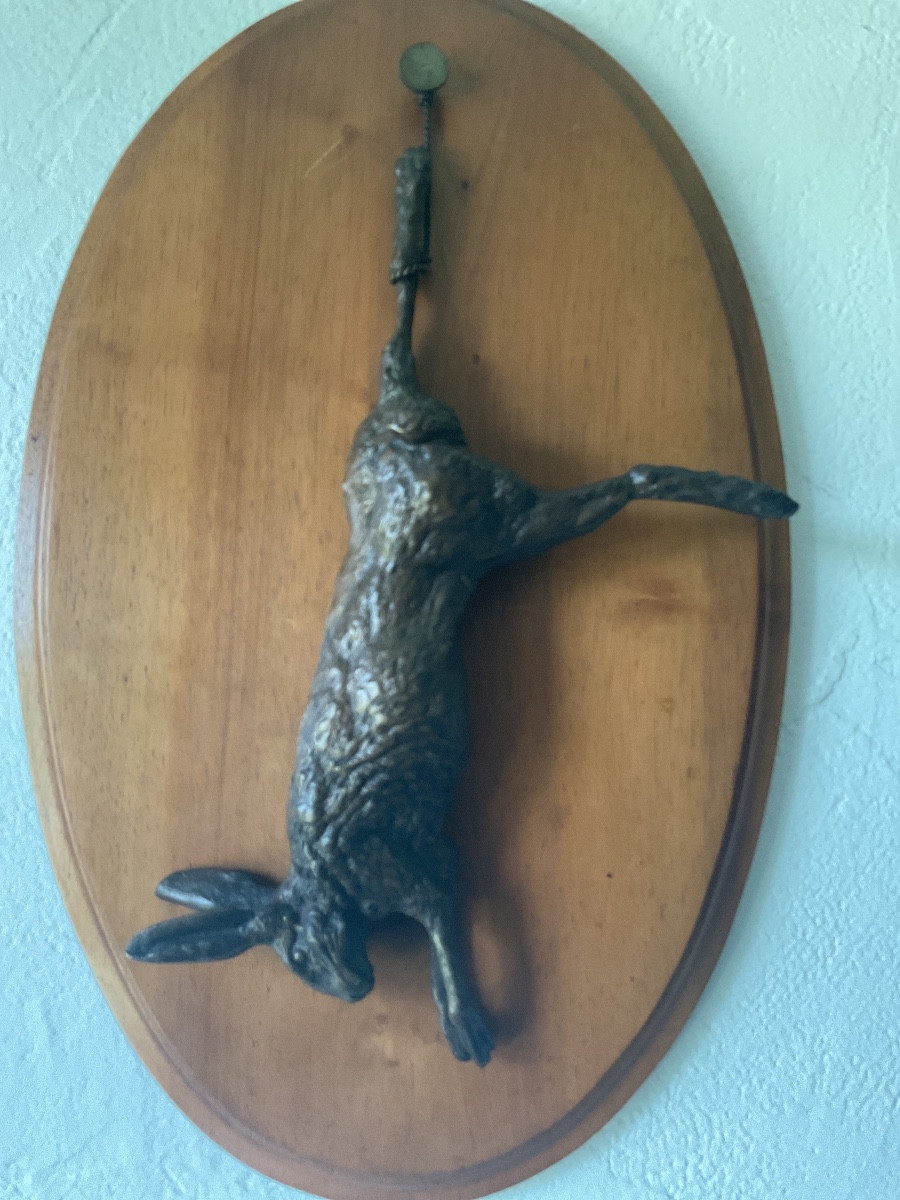 Paire de trophées de chasse en bronze patiner lièvre et faisant -photo-1