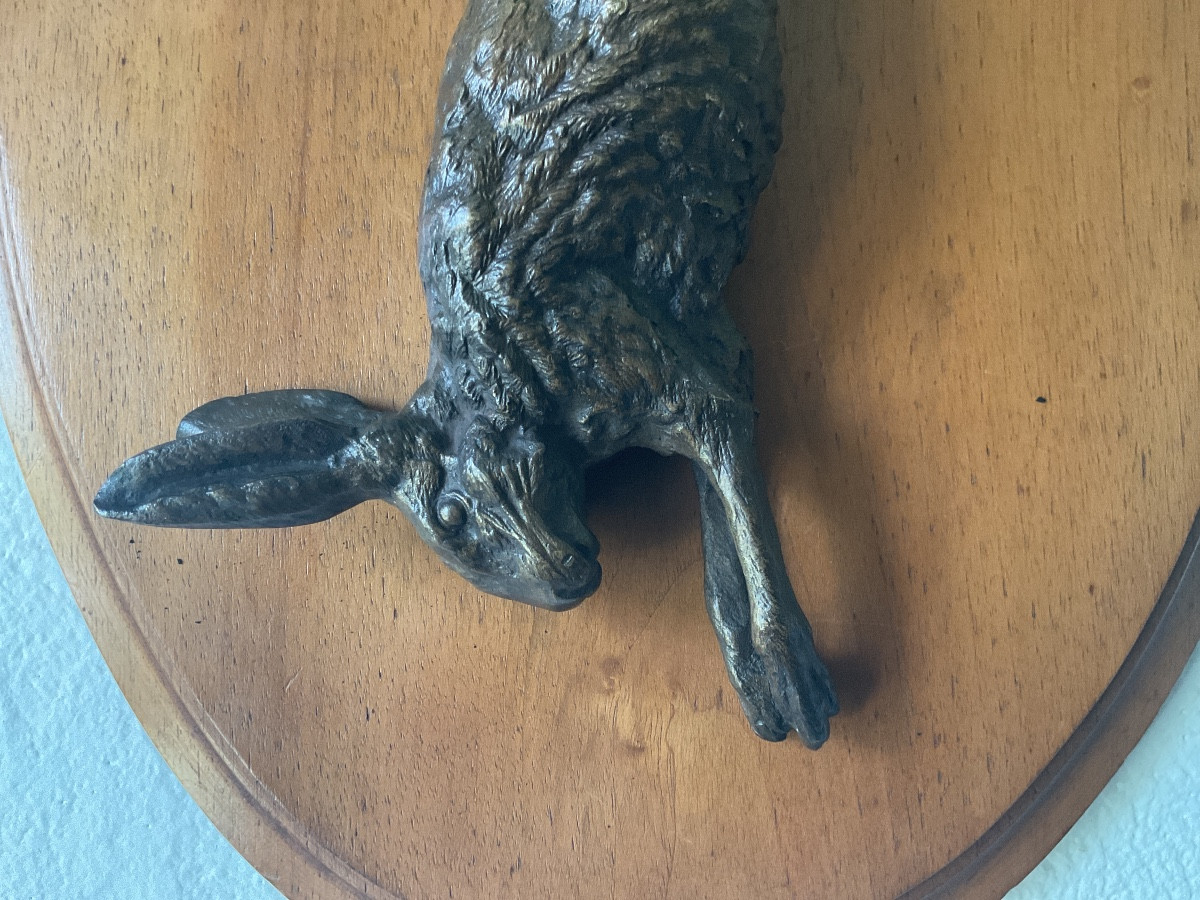 Paire de trophées de chasse en bronze patiner lièvre et faisant -photo-2