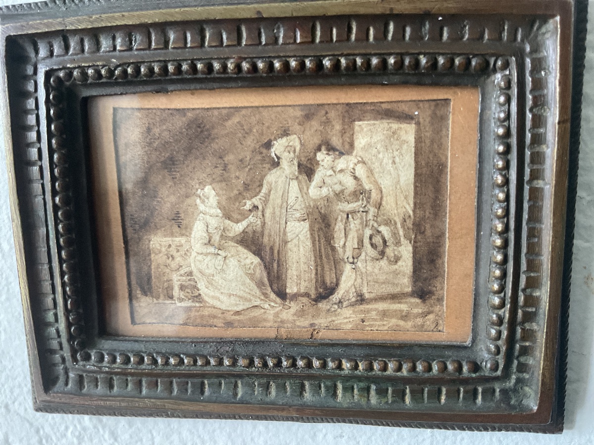 Miniature dessin à l’encre dans un cadre en bronze surmonté d’une couronne de ducs-photo-3