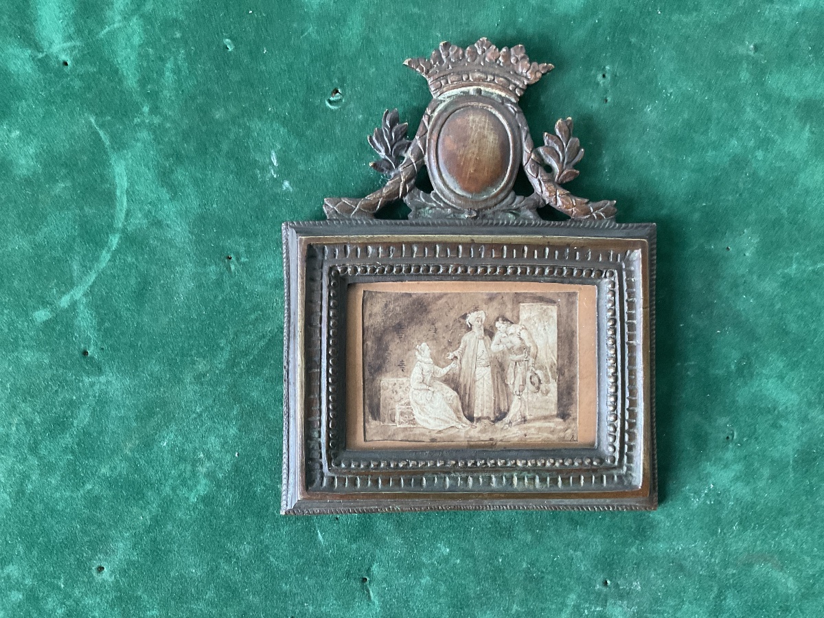 Miniature dessin à l’encre dans un cadre en bronze surmonté d’une couronne de ducs