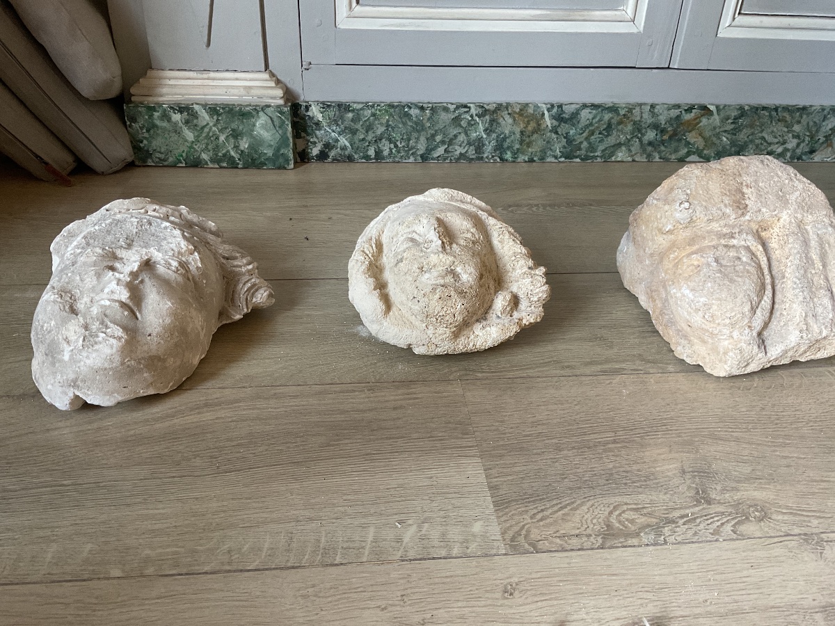 Three Sculpted Heads In Limestone-photo-1