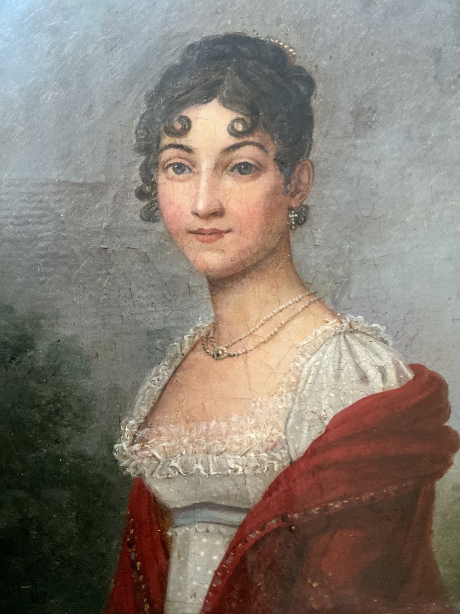Huile sur toile portrait de femme au collier de perles datée 1815 signature à identifier -photo-3