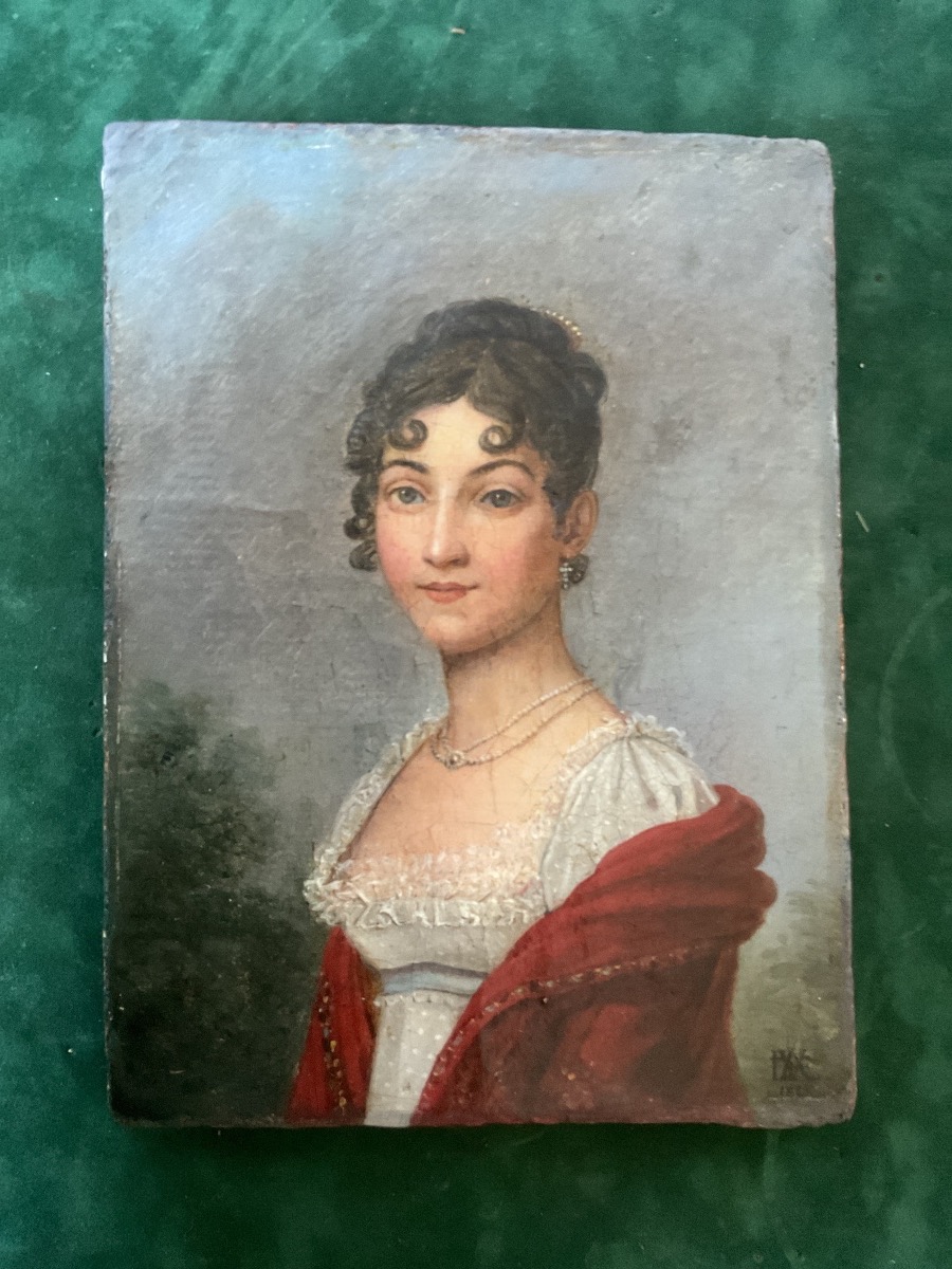 Huile sur toile portrait de femme au collier de perles datée 1815 signature à identifier 
