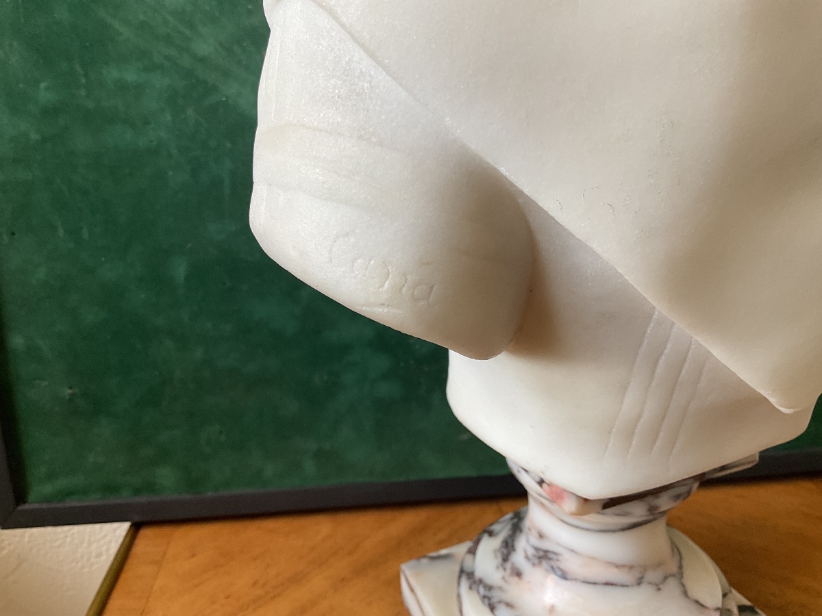 Bust Of A Young Woman In Carrara Marble, Signed By Félix Cana-photo-2