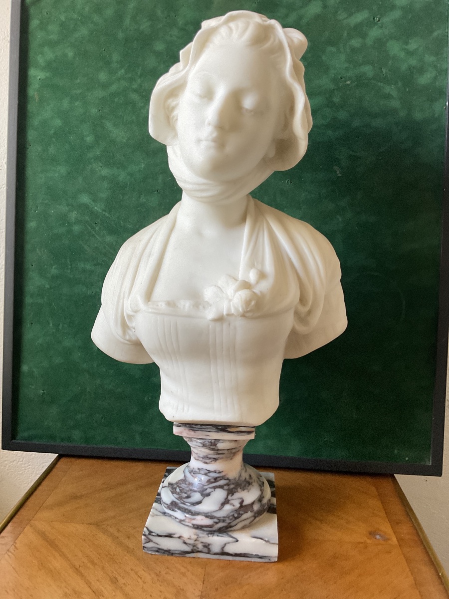 Bust Of A Young Woman In Carrara Marble, Signed By Félix Cana