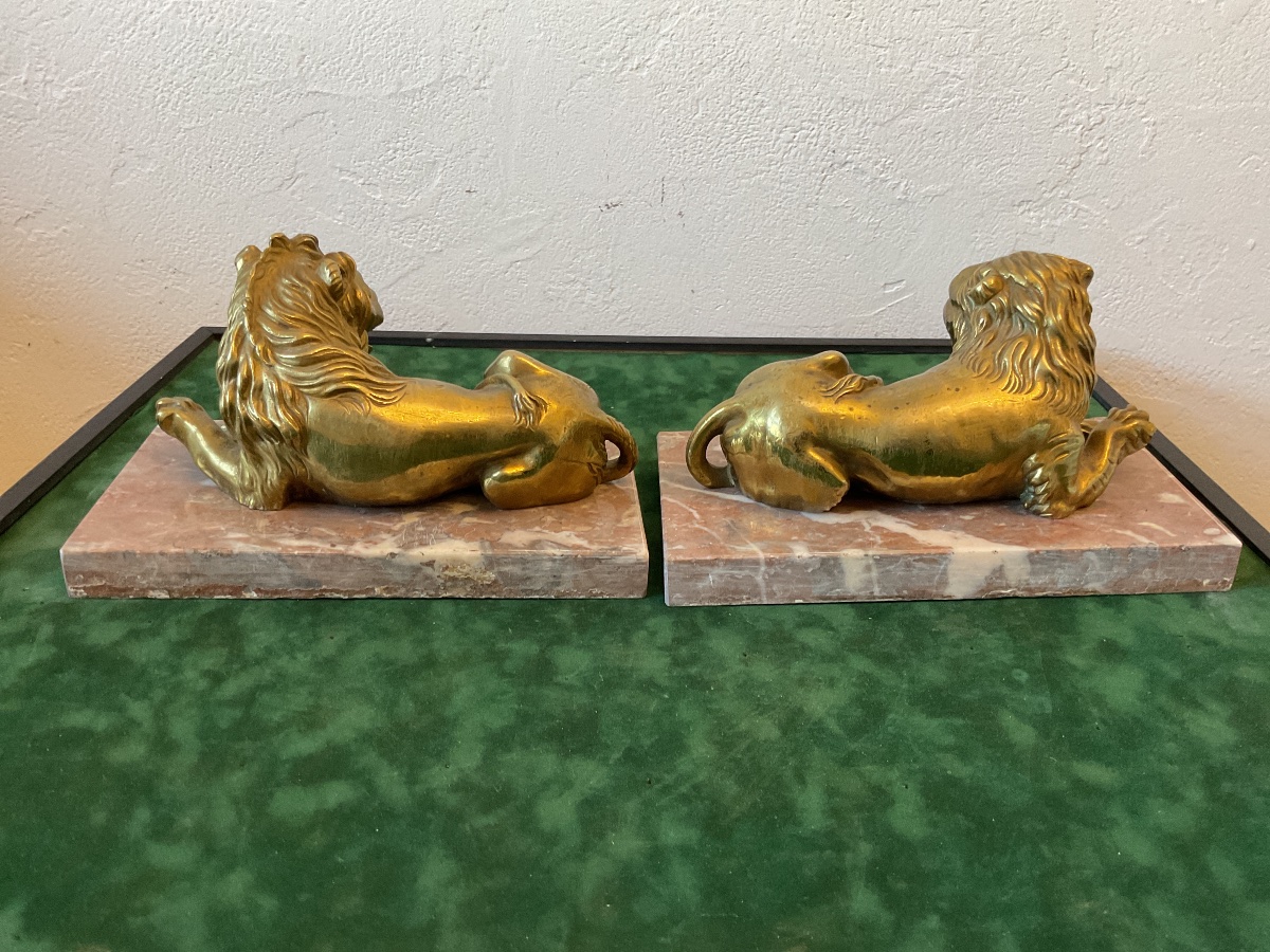 Paire de lions en bronze doré socle marbre -photo-2