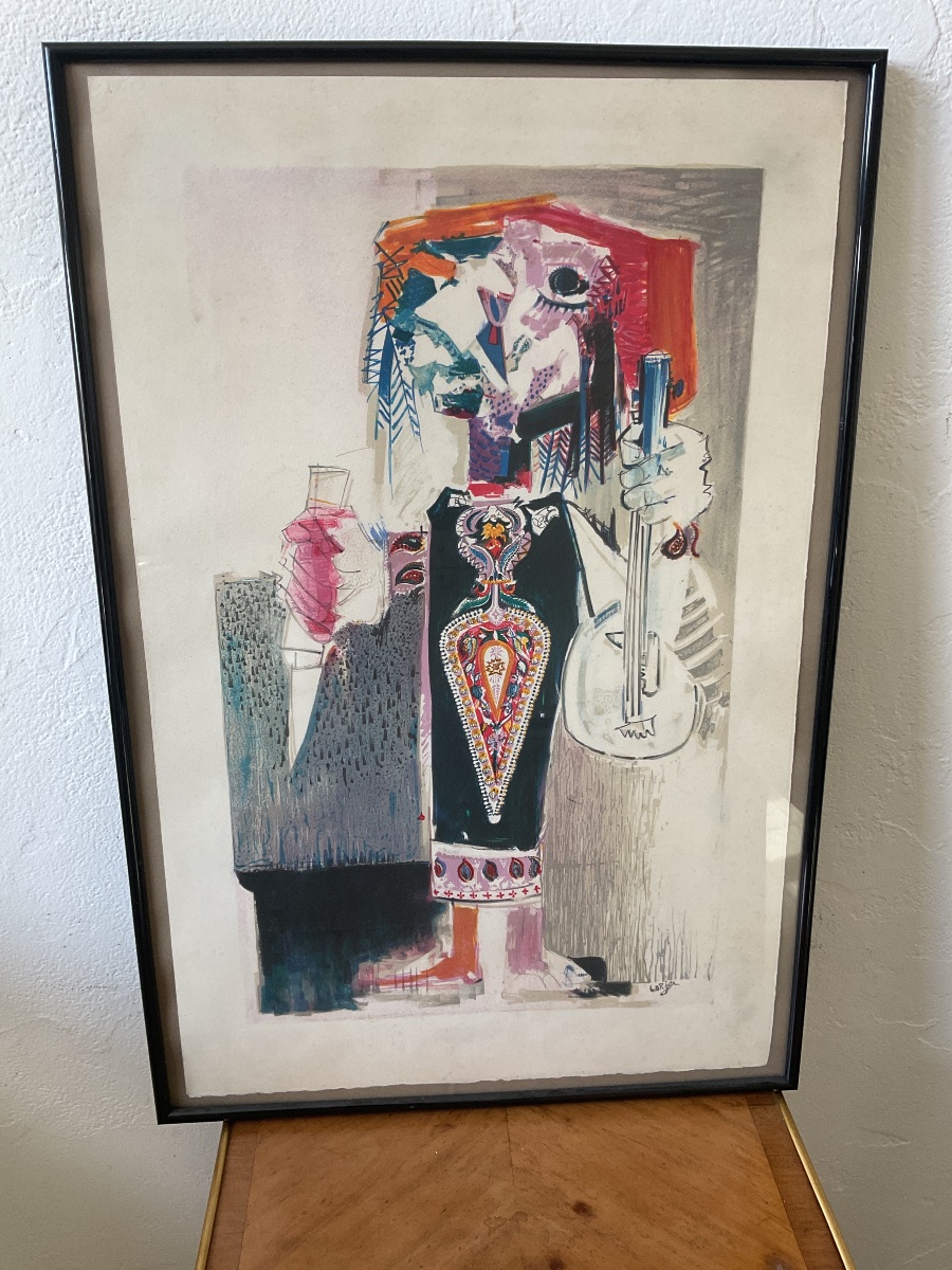 Lorjou Bernard Le musicien lithographie en couleur 