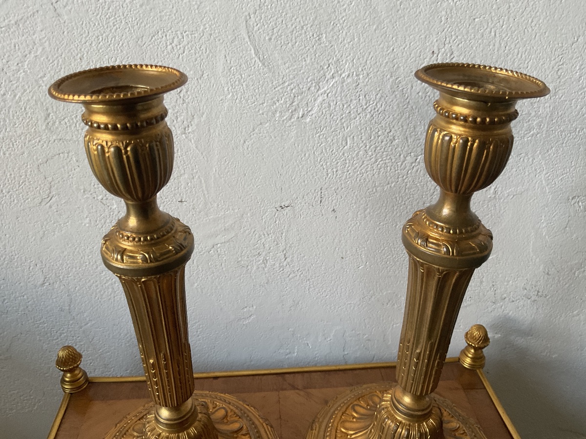 Grande paire de bougeoirs hauteur 28,5 cm en bronze doré époque Louis XVI -photo-4