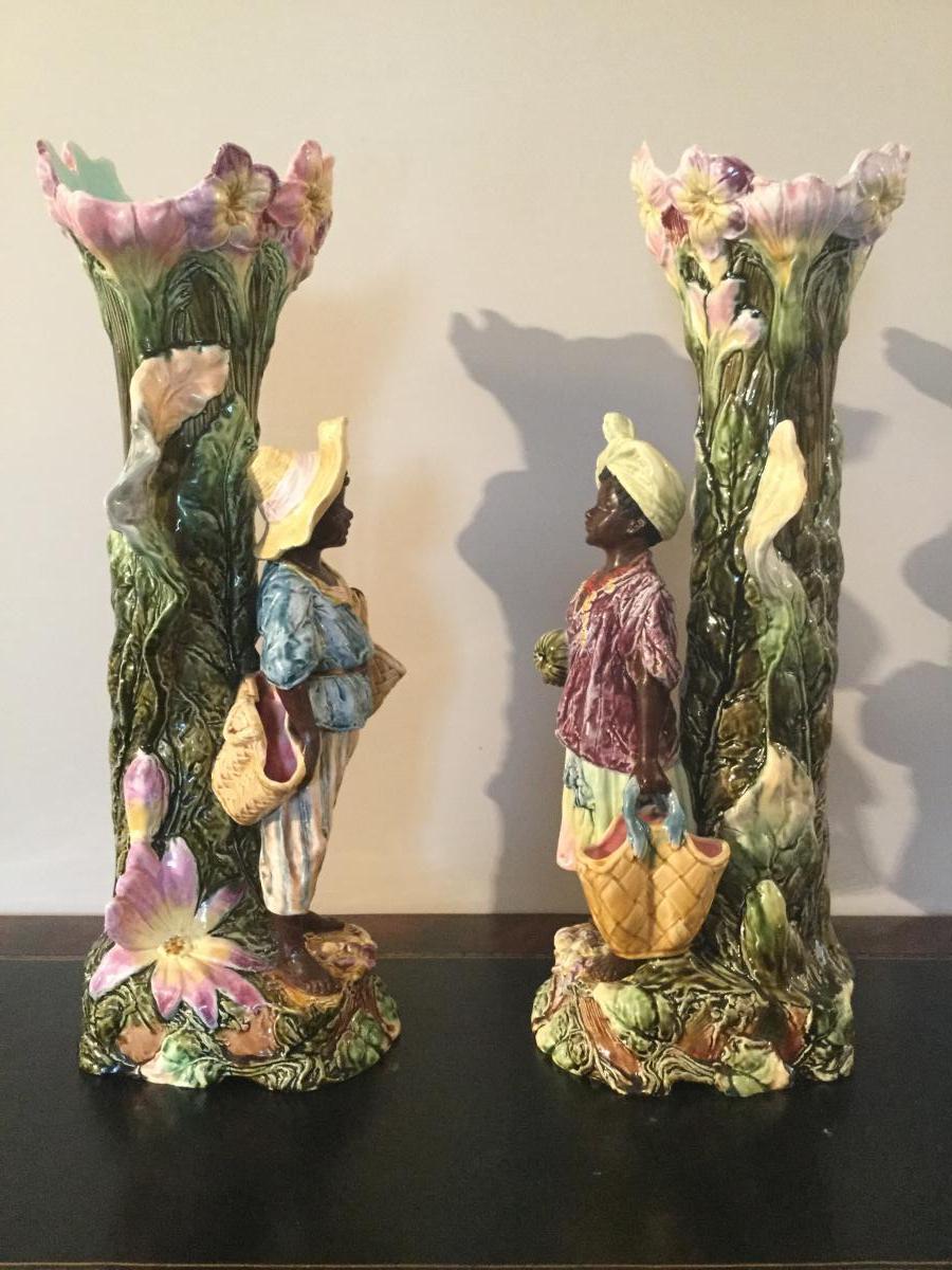 Pair Of Large Vases In Barbotine Onnaing Servants Black High 47.5 Cm-photo-1