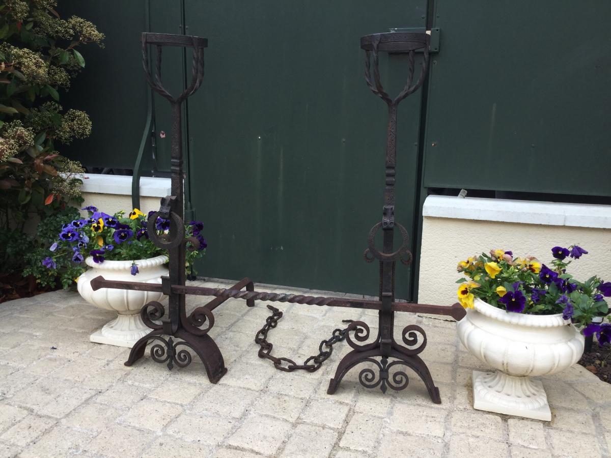 Great Pair Of Andirons Landiers Style Renaissance Height 1 Meter