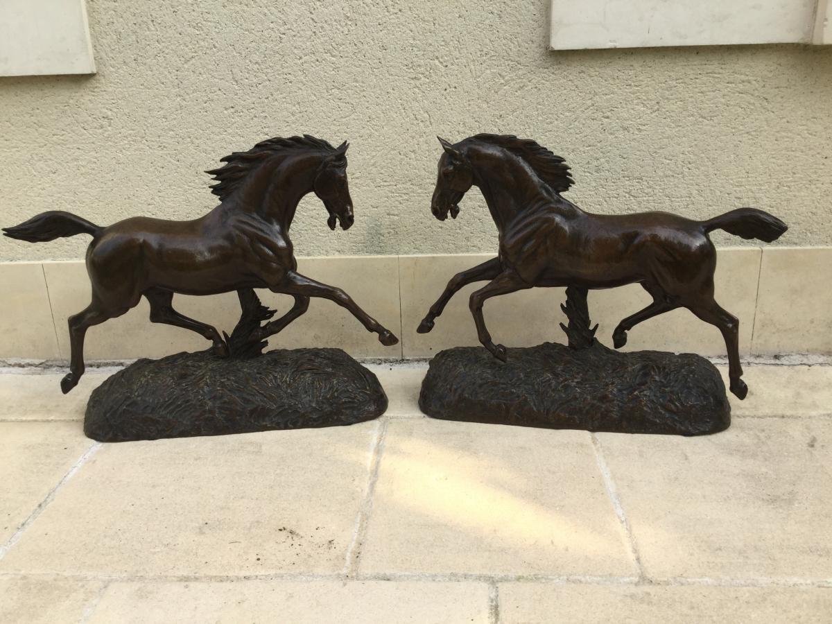 Pair Of Large Bronze Horses Galop High 46 Cm Long 57 Cm