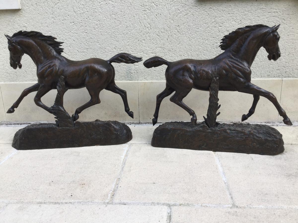 Pair Of Large Bronze Horses Galop High 46 Cm Long 57 Cm-photo-4