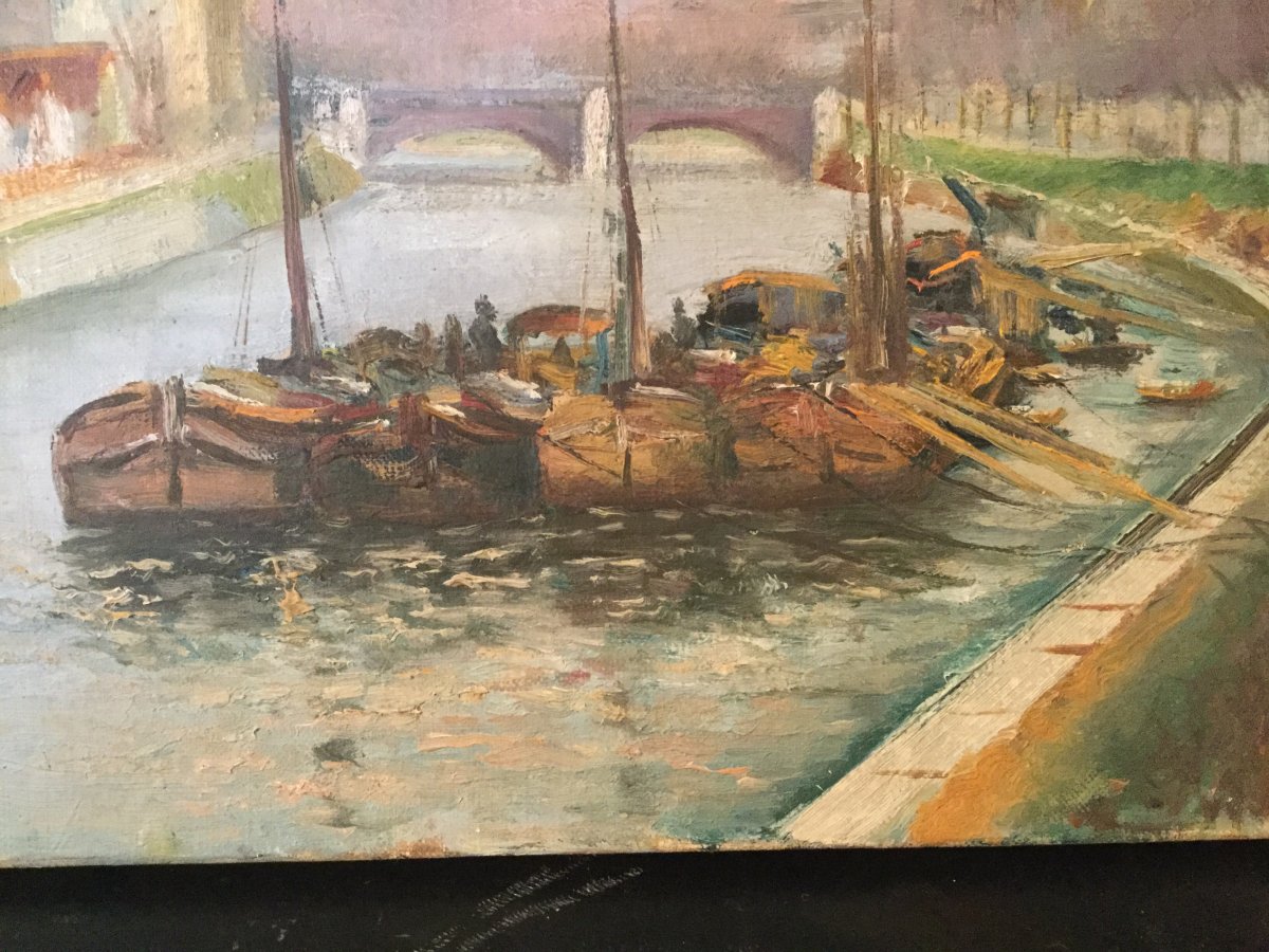 Raymond Besse Huile Sur Toile Bord De Seine à Saint Denis 35x27-photo-1