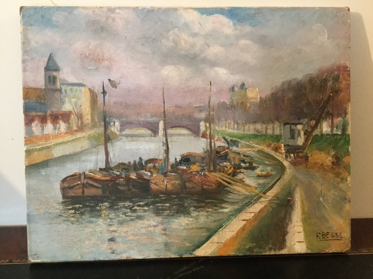 Raymond Besse Huile Sur Toile Bord De Seine à Saint Denis 35x27