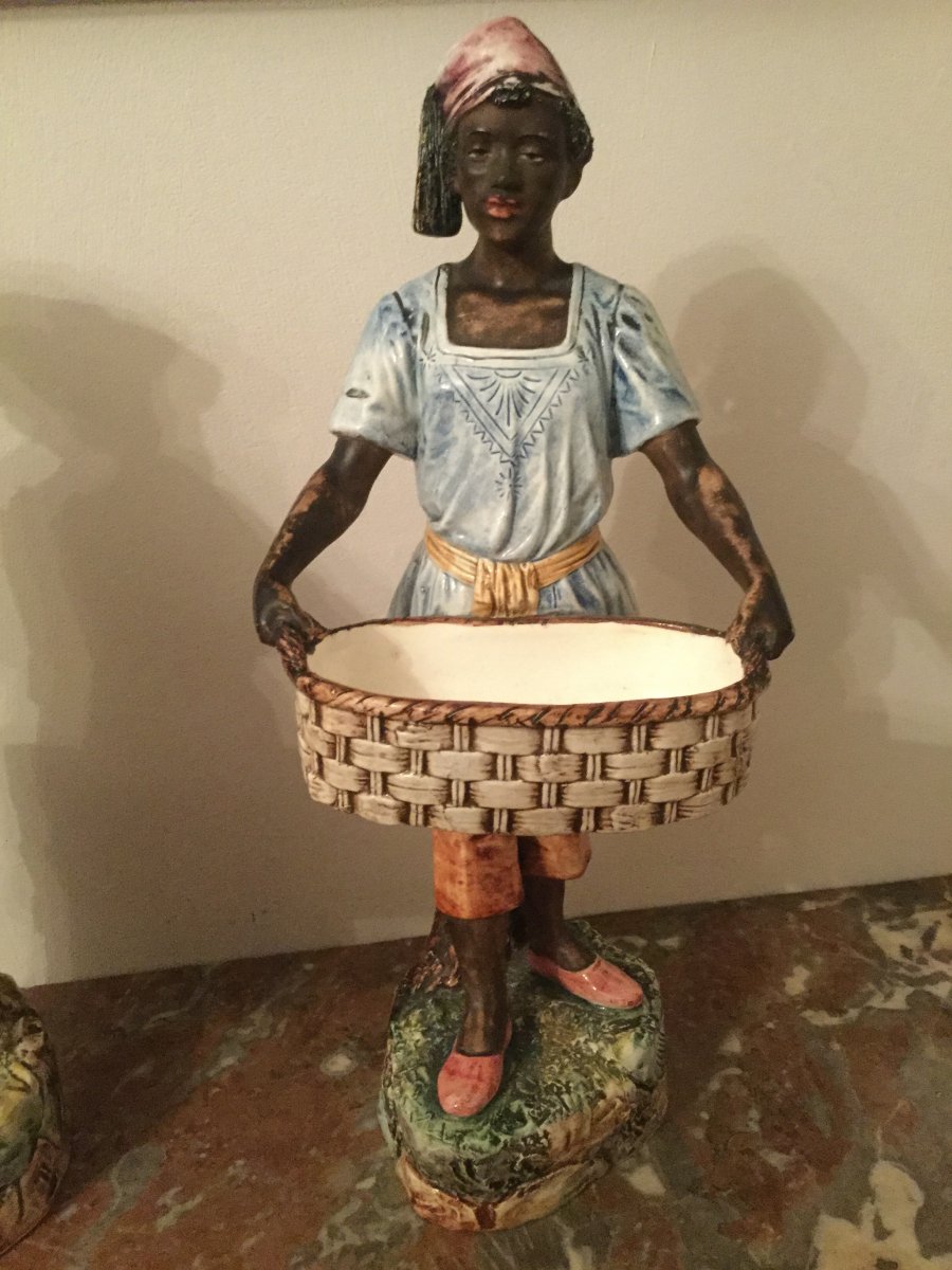 Pair Of Black Servants In Baskets Barbotine De Onnaing Height 37.5 Cm-photo-3