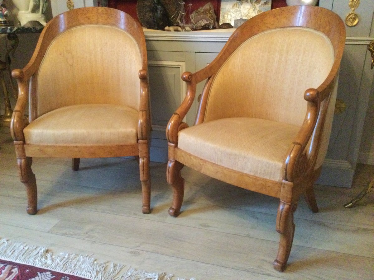 Pair Of Gondola Armchair In Speckled Maple Charles X Period