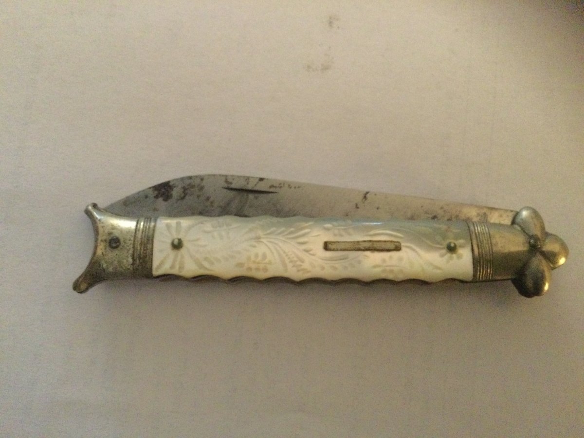 Pocket Knife Chatellerault Mother Of Pearl And Silver Steel Blade-photo-3