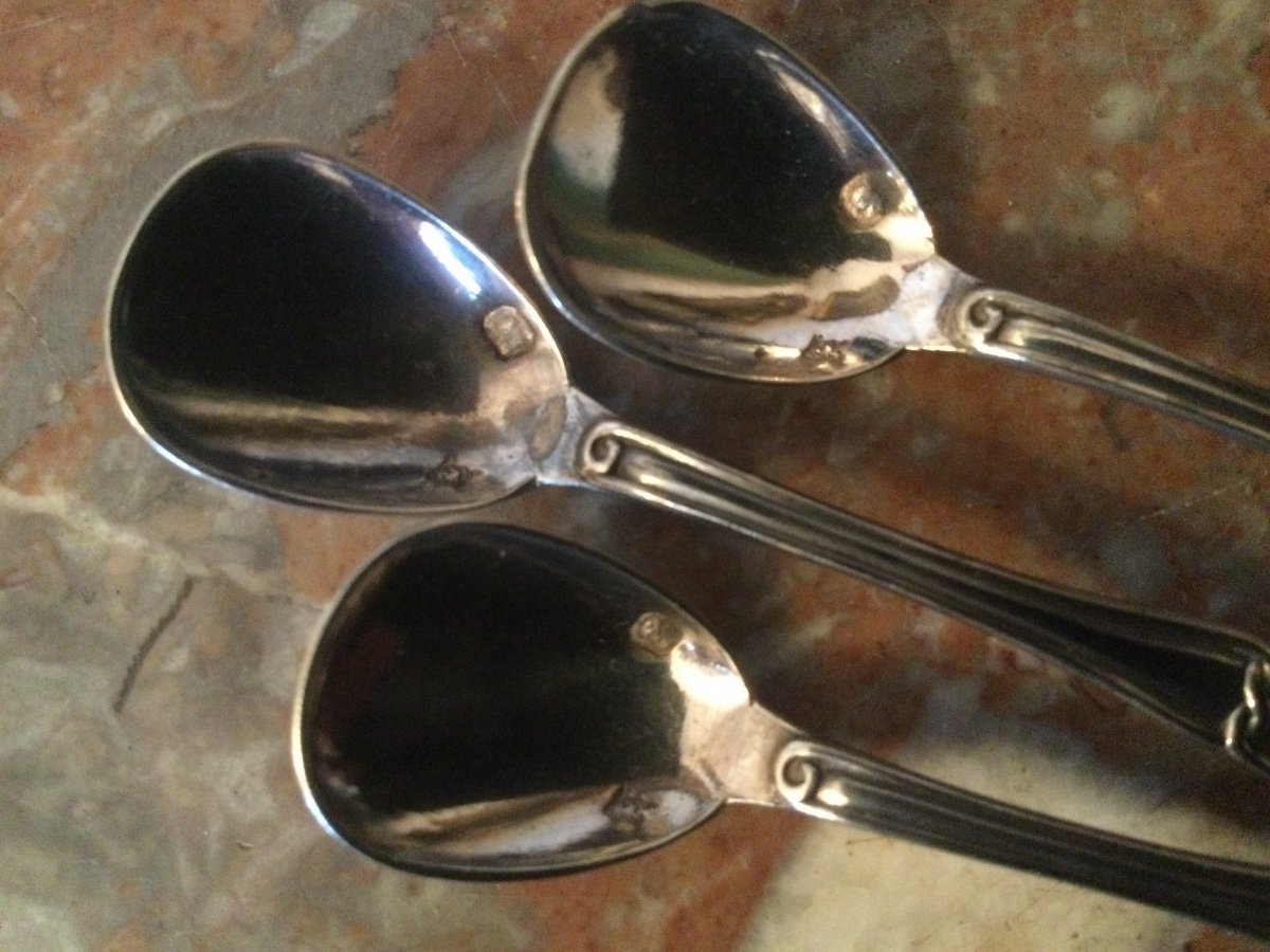 Pair Of Salt And Pepper Shakers In Regency Style Silver Metal And Three Small Silver Spoons-photo-3