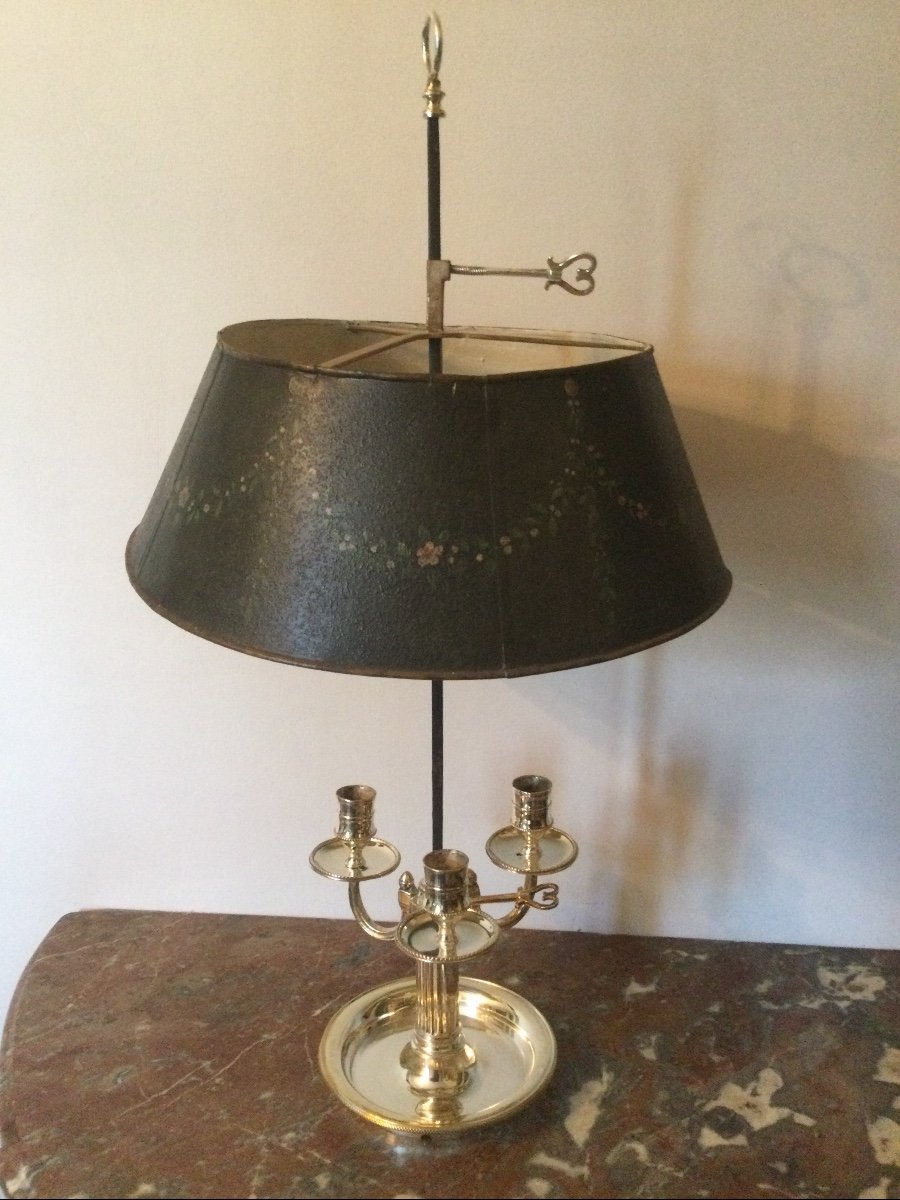 Lampe Bouillotte En Bronze Argenté à Trois Feux Abat-jour En Tôle Peint époque Louis XVI