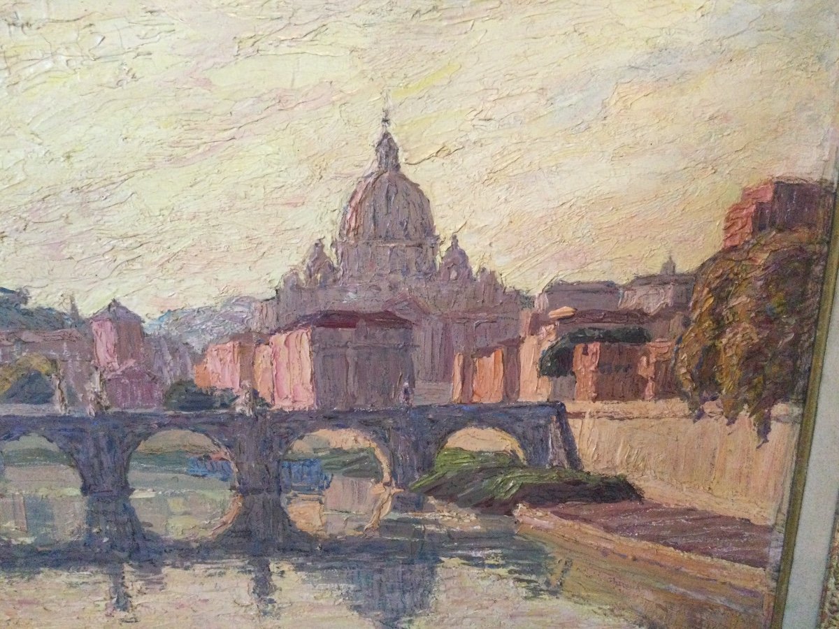 Oil On Paper Rome Saint Peter's Basilica And The Saint Angel Bridge-photo-3