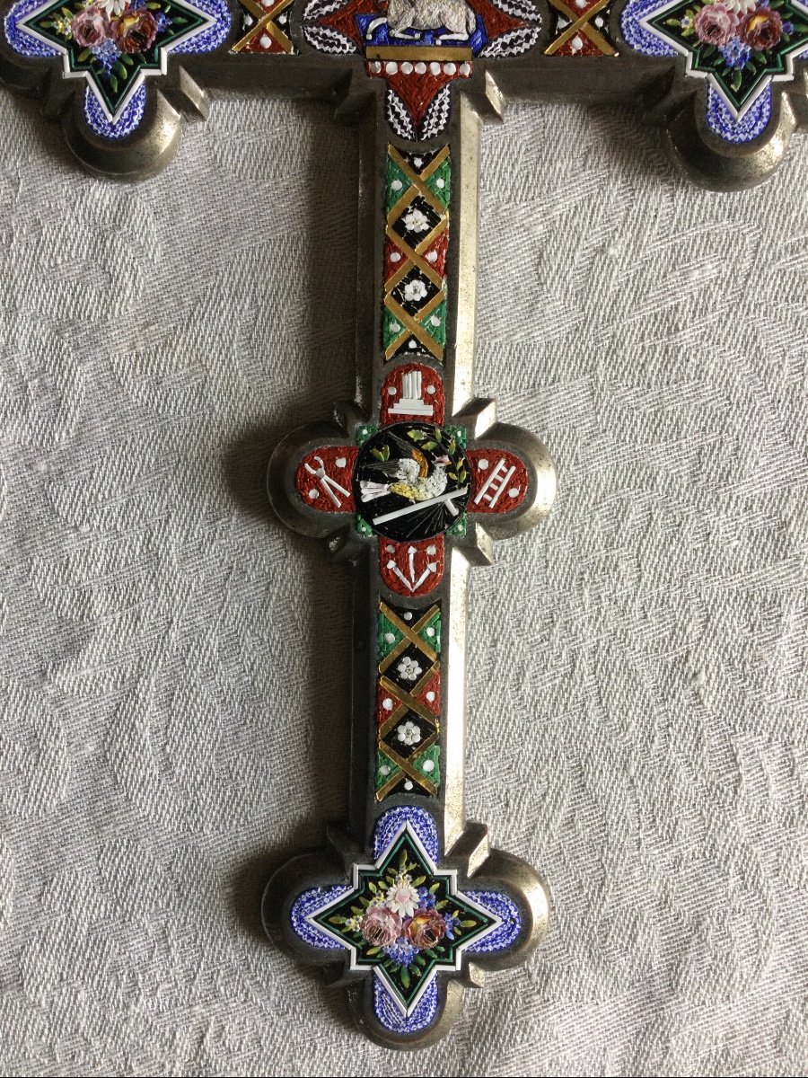 Grande Croix En Micro Mosaïque De Verre Travail Italien Hauteur 26,5 Cm-photo-3
