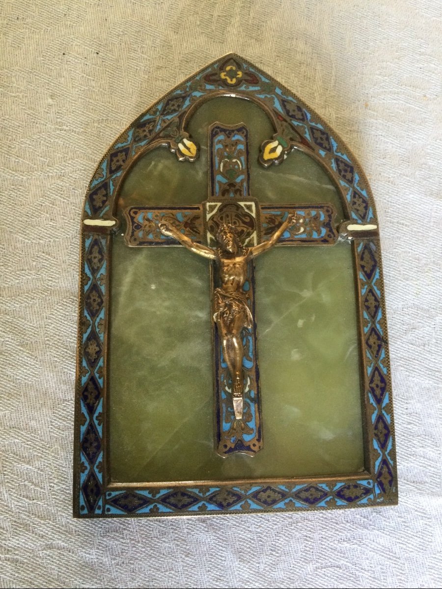 Crucifie En Bronze Cloisonné Et Onyx époque XIXÉme 