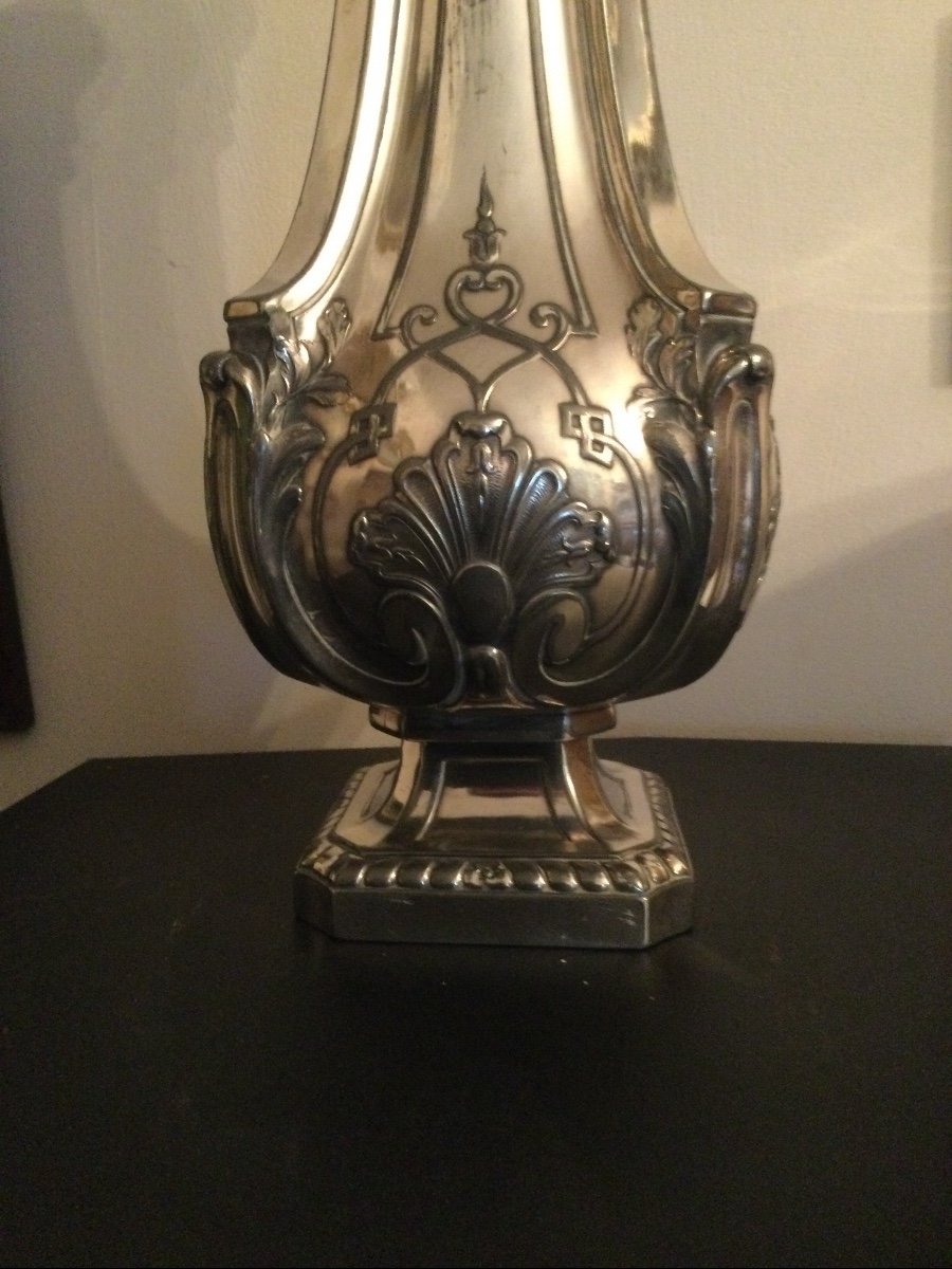 Pair Of Large Regency Style Vases In Silver Metal Goldsmith Gallia Height 33 Cm-photo-3