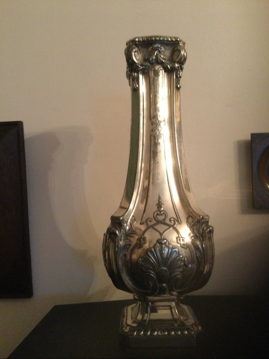 Pair Of Large Regency Style Vases In Silver Metal Goldsmith Gallia Height 33 Cm-photo-1